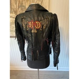 Rare Harley Davidson Leather Jacket with red accent fringe